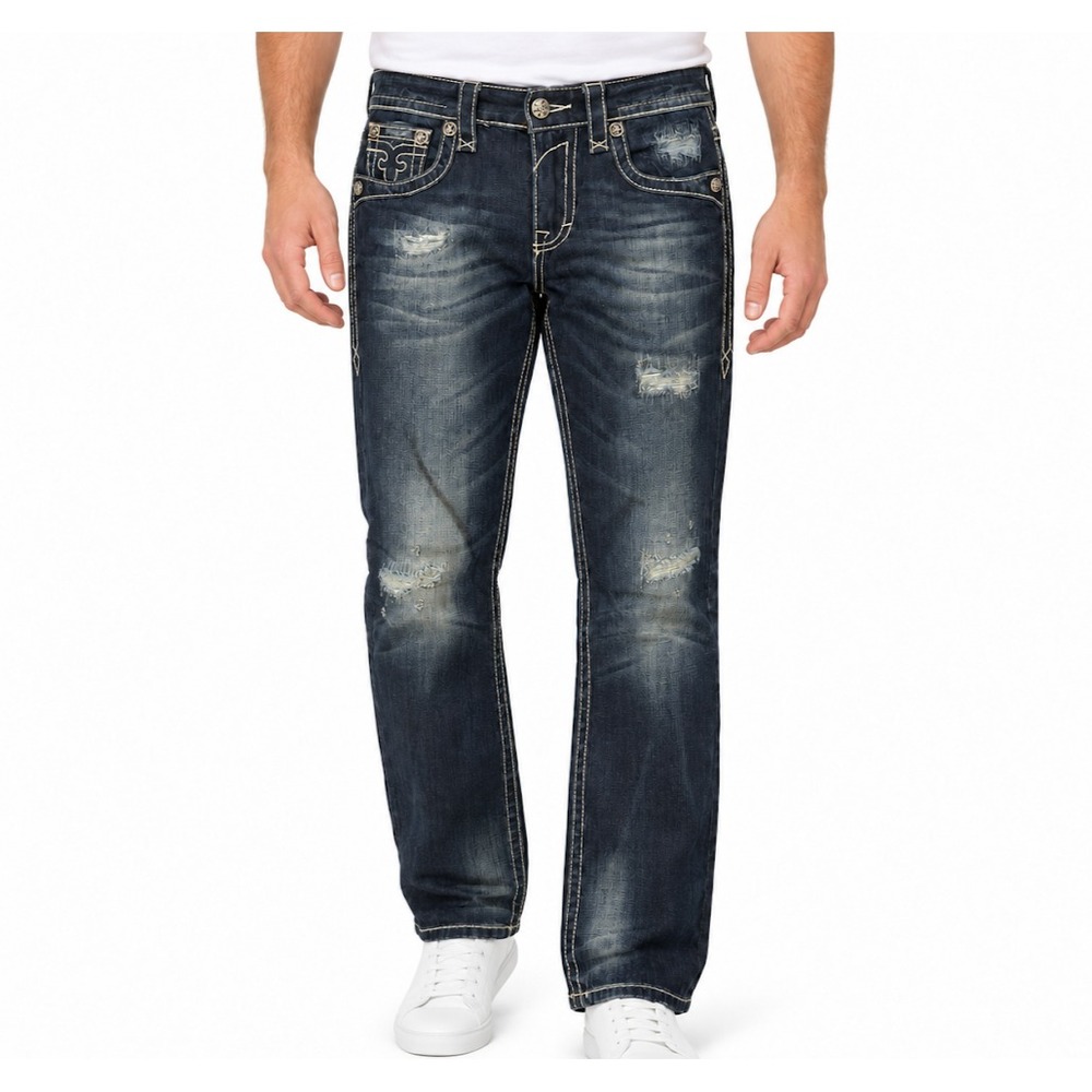 Rock Revival Men Jeans 32 Blue John Straight Dark Wash Distressed Embroidered